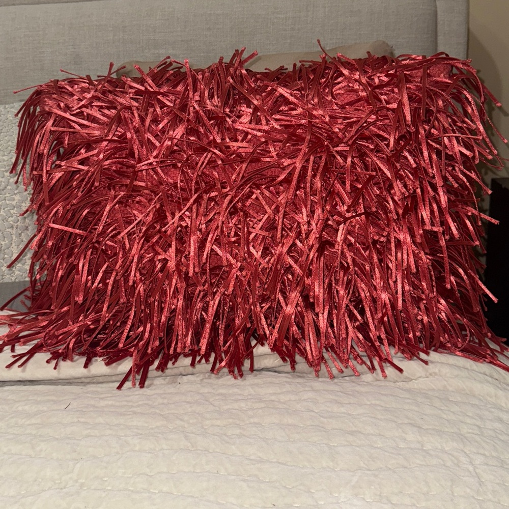 Luxurious Red Shag Accent Pillow Cover. Color is emberglow.